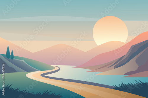 Minimalist Mountain Valley with Winding River and Large Sun at Dawn landscape nature