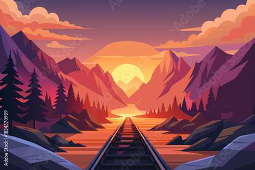 Mountain Range and River with Train Tracks at Dusk Twilight Sky railway railroad