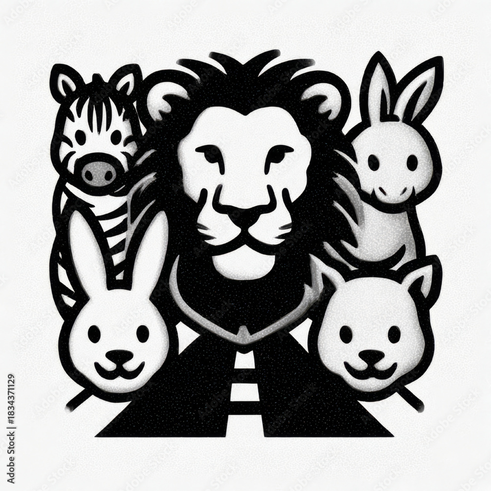 Obraz premium Safari animals on road icon, textured graphic, black and white, representing wildlife conservation and coexistence
