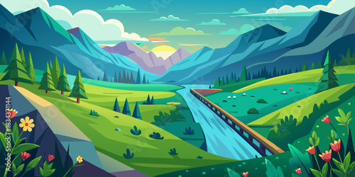 Mountain valley with river, bridge, and grazing sheep at sunset Keywords: landscape, nature, mountains, valley, river, bridge, railway, track