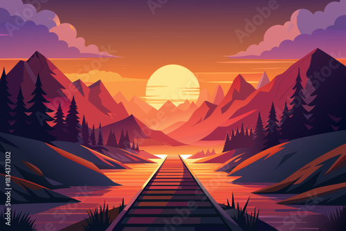 Scenic Mountain Landscape with Train Tracks and Sunset Sky Reflection railway railroad