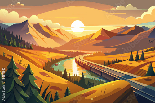 Scenic mountain valley with a bridge and river at sunset vector illustration