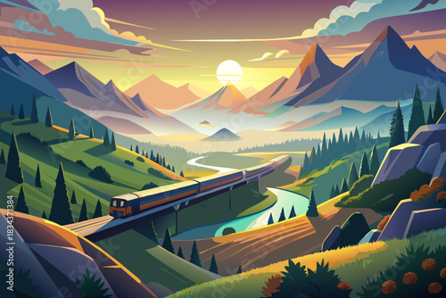 Scenic mountain valley with a train crossing a bridge at sunset railway river