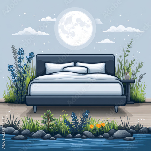 Outdoor bed, whimsical illustration, representing dreams, tranquility, and nature's embrace, by a moonlit river