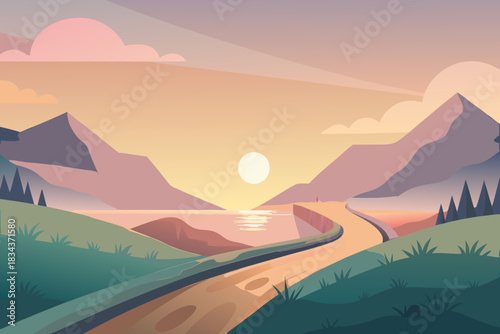 Serene Mountain Landscape with Winding Road and Calm Lake at Sunset nature