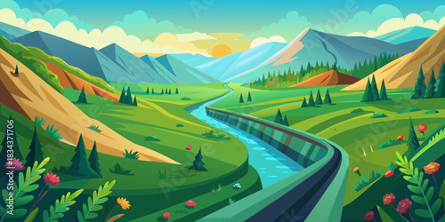 Serene mountain valley with flowing river and elevated railway Keywords: landscape, nature, mountains, valley, river, railway, track, trees