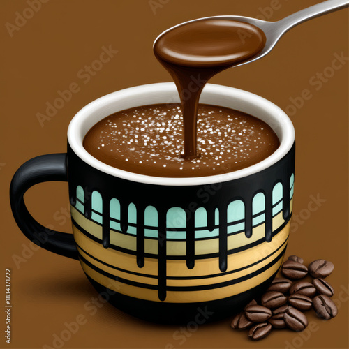  Illustrated coffee mug, vibrant brown, black, and colorful, representing coffee culture, sweet treats, and comfort drinks