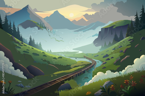 Serene mountain valley with train tracks and river at sunrise vector