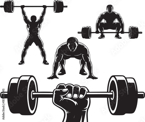 Silhouetted figures of weightlifters in various stages of powerlifting and Olympic lifts, with a close-up of a hand gripping a barbell.