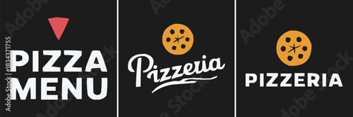 Modern pizza menu and pizzeria logo set with bold typography and graphic food icons on dark background