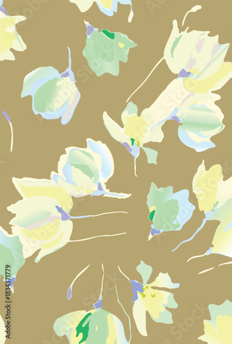 Seamless colorful floral pattern. Hand drawn flowers, herbs, leaves, branches, berries, tulip. Simple cute flat vector elements. Design for textile, cover, wallpaper