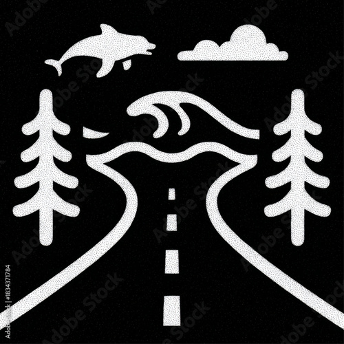 Abstract landscape illustration, minimalist dotted, representing travel and nature, in black and white