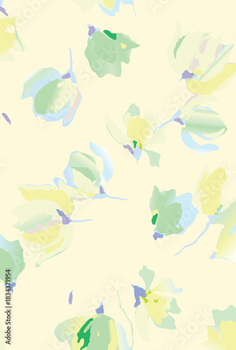 Seamless colorful floral pattern. Hand drawn flowers, herbs, leaves, branches, berries, tulip. Simple cute flat vector elements. Design for textile, cover, wallpaper