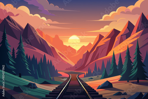 Straight train tracks leading towards a mountain sunset vista railway mountains