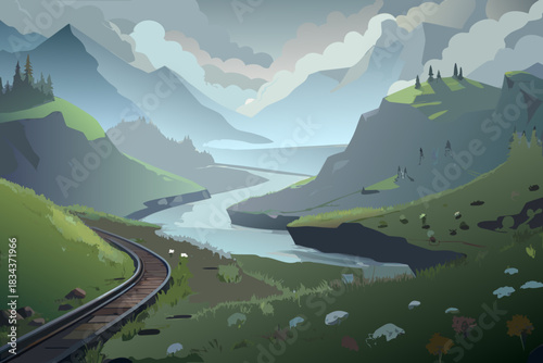 Serene mountain valley with winding river and railway tracks landscape nature