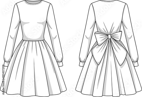 PrintElegant long-sleeve dress fashion flat, front and back technical sketch, garment design illustration with bow detail, sewing pattern template for designers