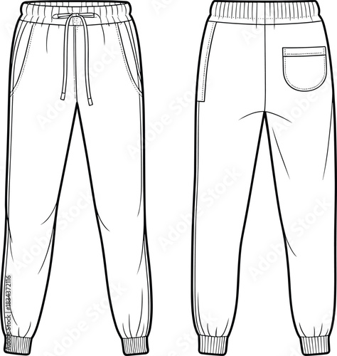 PrintUnisex jogger pants fashion flat technical drawing template, ribbed cuffs, elastic waist, drawstring tie, comfortable activewear apparel.