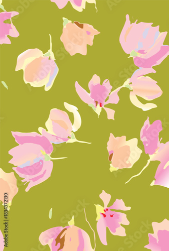 seamless floral pattern on a black background. The pattern is densely packed with small bouquets of flowers. The flowers are stylized, appearing almost like peonies or large roses.