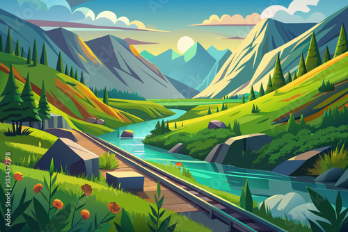 Stylized mountain valley with a winding river and train tracks at sunset railway