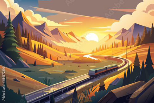 Train on a track in a mountain landscape at sunset with stylized trees vector illustration