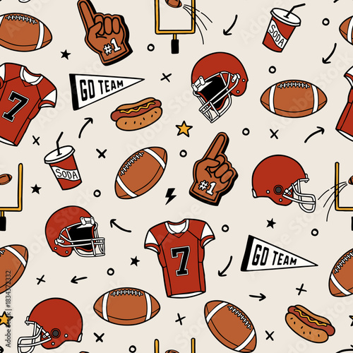 eamless American football pattern with helmets, jerseys, balls, foam fingers, pennants, snacks, and game icons. Perfect for sports themed designs, apparel, and prints.