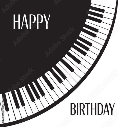 A minimalist greeting card design featuring a curved section of piano keys and the words Happy Birthday.