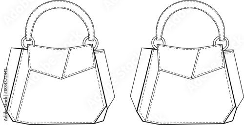 PrintWomen's structured geometric handbag fashion flat technical drawing template, top handle, flap closure, detailed stitching, accessories.