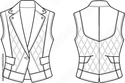 PrintWomen's structured quilted waistcoat fashion flat technical drawing template, lapel collar, single button closure, utility vest apparel.
