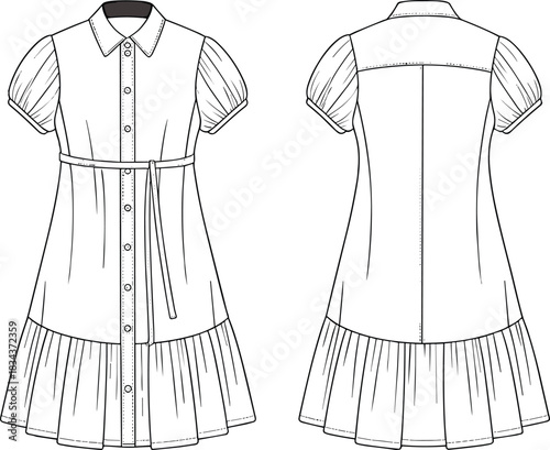 PrintWomen's V-neck midi dress fashion flat technical drawing template, ruffle cap sleeves, tiered skirt, cinched waist, clothing apparel.