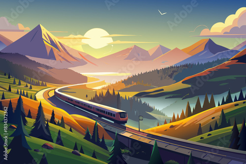 Train on a track in a mountain landscape with a lake at sunset railway mountains
