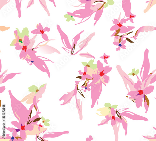 Seamless colorful floral pattern. Hand drawn flowers, herbs, leaves, branches, berries, tulip. Simple cute flat vector elements. Design for textile, cover, wallpaper
