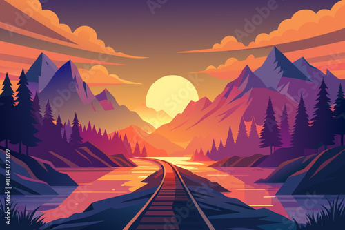 Train Tracks Lead Through Mountains at Sunset with Orange Sky and River railway railroad