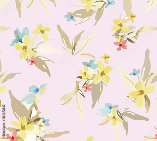 Seamless colorful floral pattern. Hand drawn flowers, herbs, leaves, branches, berries, tulip. Simple cute flat vector elements. Design for textile, cover, wallpaper