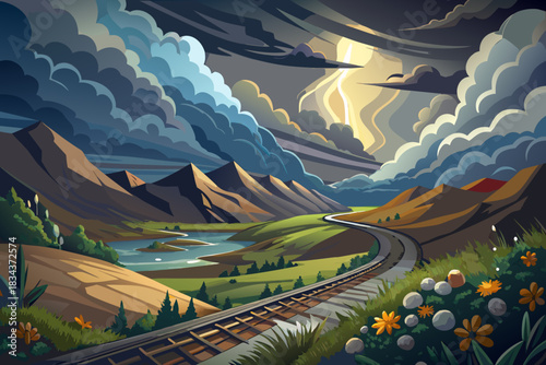 Train tracks winding through a mountain landscape with a lake and dramatic stormy skies Keywords: train tracks, railway, mountain landscape, lake