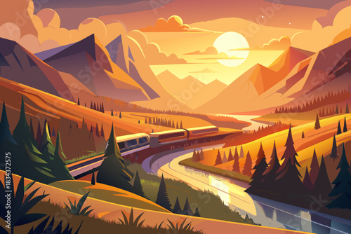 Train traveling through a mountain valley at sunset with stylized landscape vector illustration