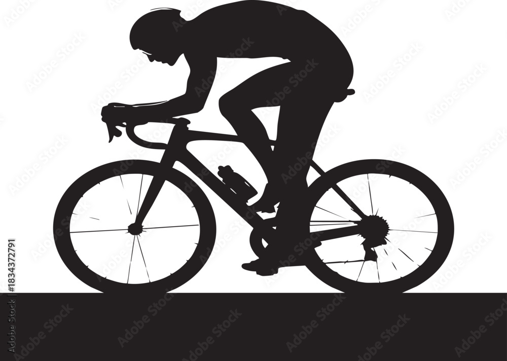 Naklejka premium A dark silhouette of a cyclist on a road bike, hunched low in an aerodynamic position, against a stark white backdrop.