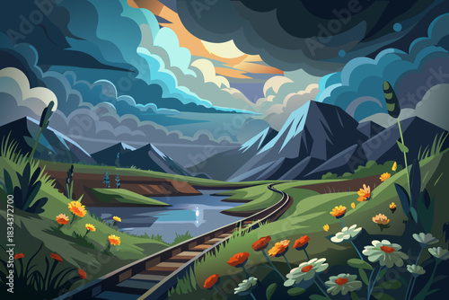 Winding railway through a lush valley with mountains and a calm river under cloudy skies Keywords: train tracks, railway, valley, mountains, river