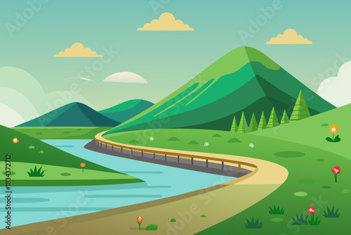 Winding River Path Through Green Hills and Mountains with Flowers and Clouds landscape nature