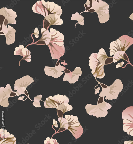 seamless floral pattern on a black background. The pattern is densely packed with small bouquets of flowers. The flowers are stylized, appearing almost like peonies or large roses.