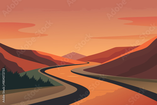 Winding River Through Mountain Valley at Sunset with Orange Sky mountains