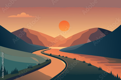 Winding River Through Mountain Landscape at Sunset with Sun mountains