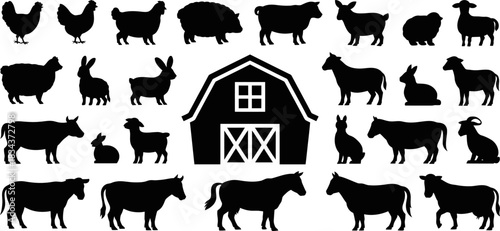 A collection of farm animals and a barn are depicted in silhouette.