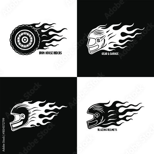 Motorcycle flaming helmet and wheel emblem set in black and white silhouette for biker club branding