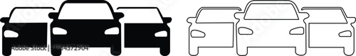 Black car icon set in flat and line style, vehicle silhouette collection with SUV, sedan, convertible and pickup group, monochrome transport symbol pack and automotive graphic synonym illustration