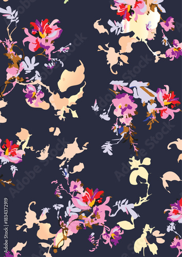 seamless floral pattern on a black background. The pattern is densely packed with small bouquets of flowers. The flowers are stylized, appearing almost like peonies or large roses.