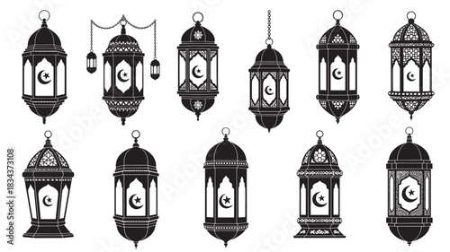 Set of decorative Ramadan lantern illustrations traditional Islamic vector design perfect for greeting cards and holiday decorations