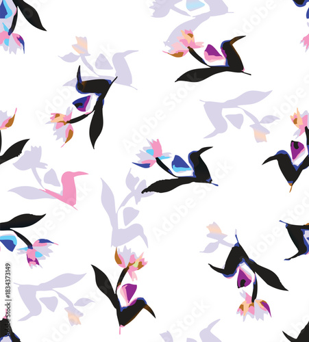 Seamless colorful floral pattern. Hand drawn flowers, herbs, leaves, branches, berries, tulip. Simple cute flat vector elements. Design for textile, cover, wallpaper
