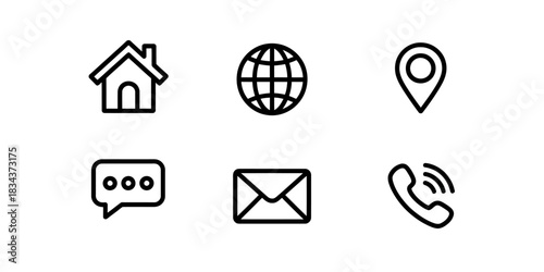 A collection of minimalist line art icons representing contact information: home, globe, location pin, chat bubble, envelope, and phone.