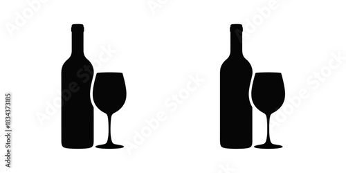 Two black silhouette wine bottles and glasses are displayed against a white background, representing drinks.