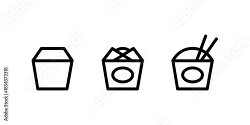 Three stylized icons depict takeaway food containers, one closed, one open, and one with chopsticks.
